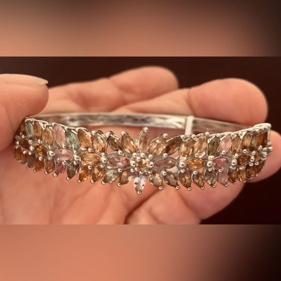 Multi-Tourmaline Bangle Bracelet in Platinum Over Sterling Silver 6.50 In NWT - Picture 2 of 14